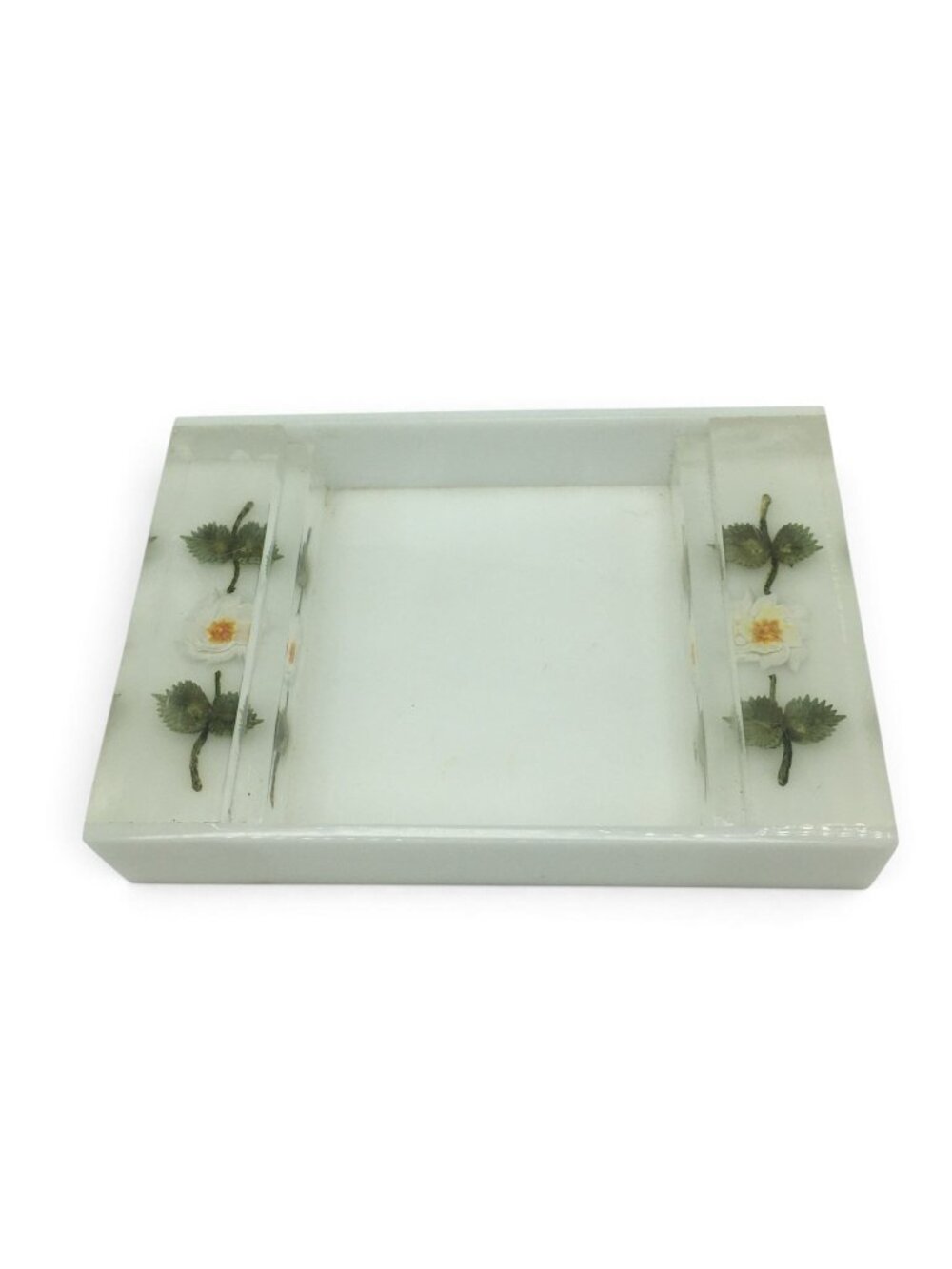 Vintage Lucite Acrylic Memo Note Tray Pressed Flower Floral Desk Organizer